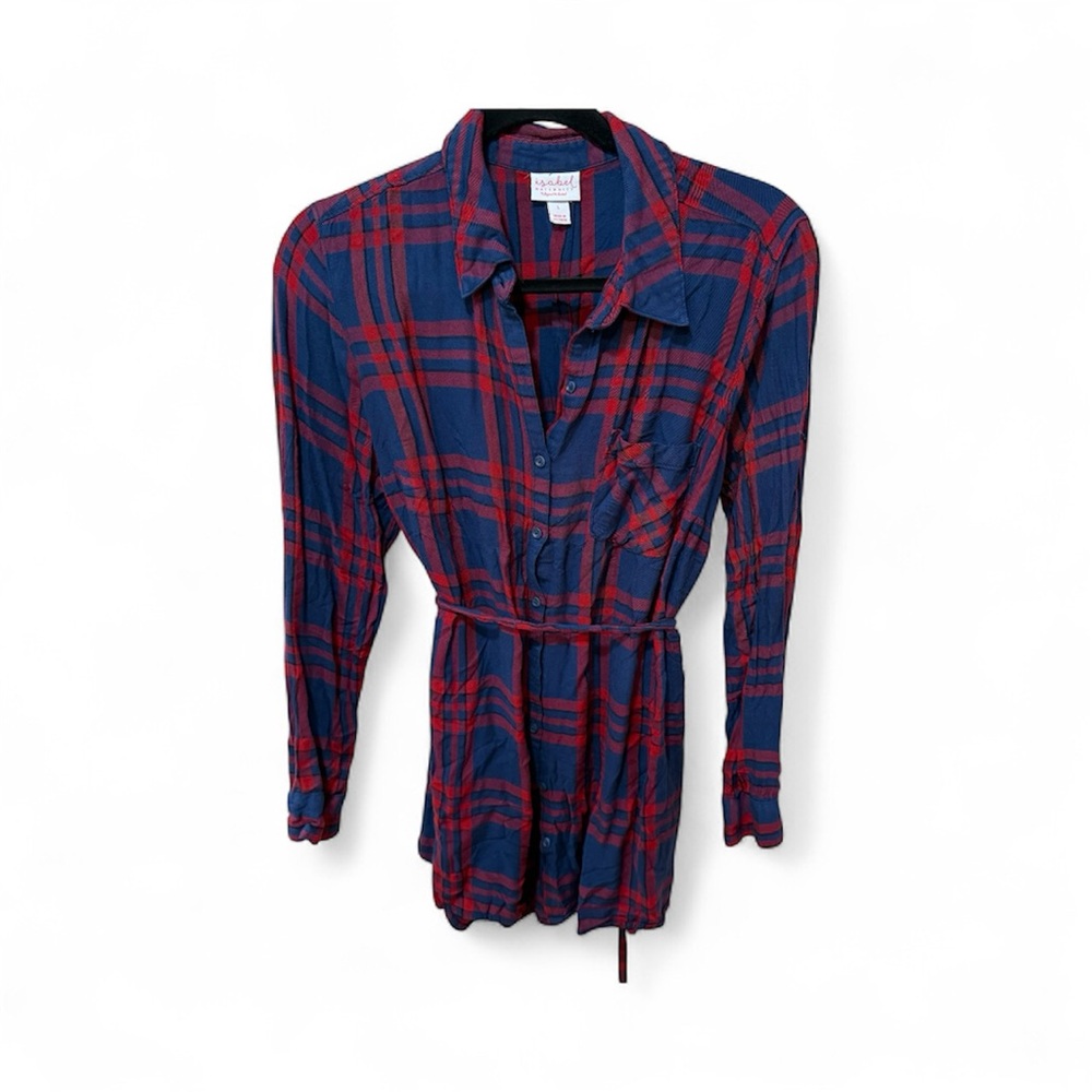 Isabel maternity Plaid long sleeve belted waist shirt - large-Red & Blue